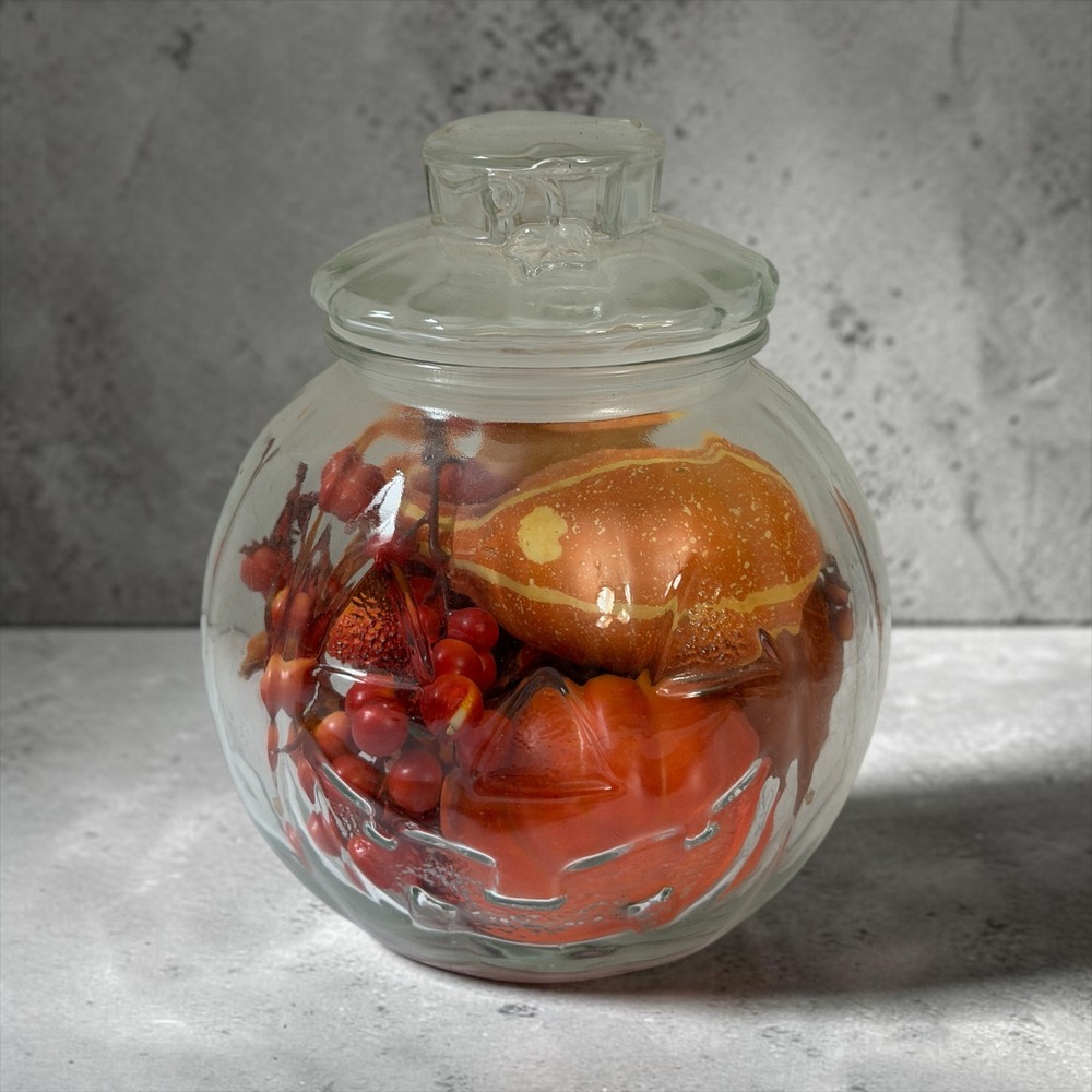 Clear Glass Pumpkin Jack O Lantern Jar with Lid and Faux Fall Gourd Filler 6.5in